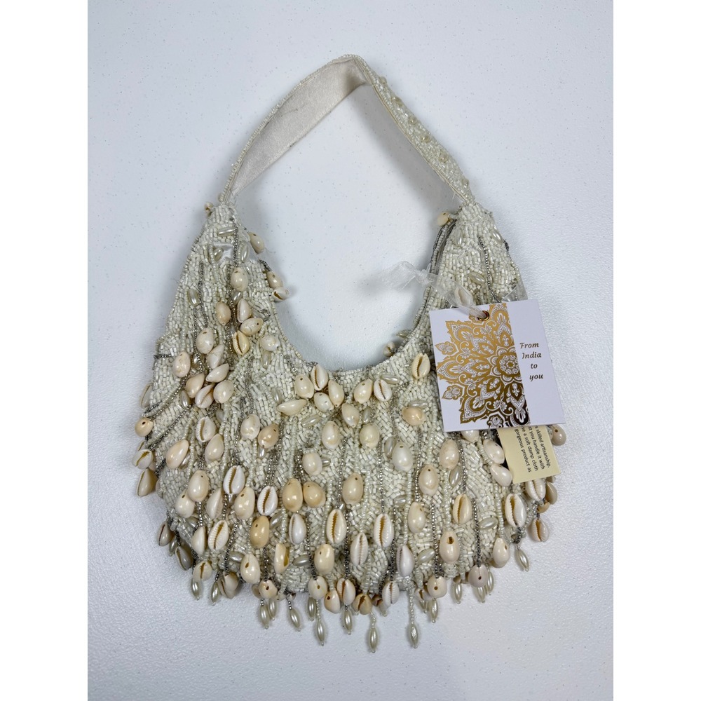 NWT Made in India Cream White Shell Fringe Tassel Draped Beaded Shoulder Bag New